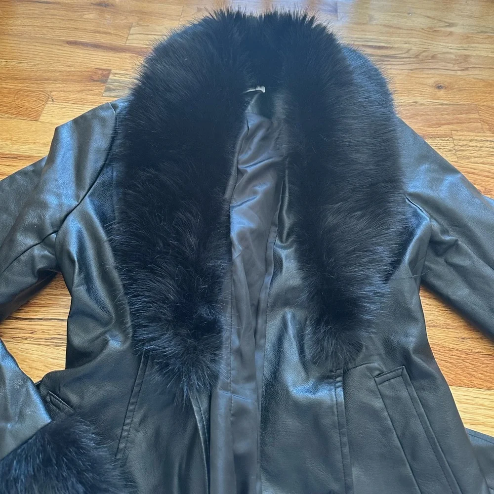 Peppermayo Black Faux Leather Belted Coat